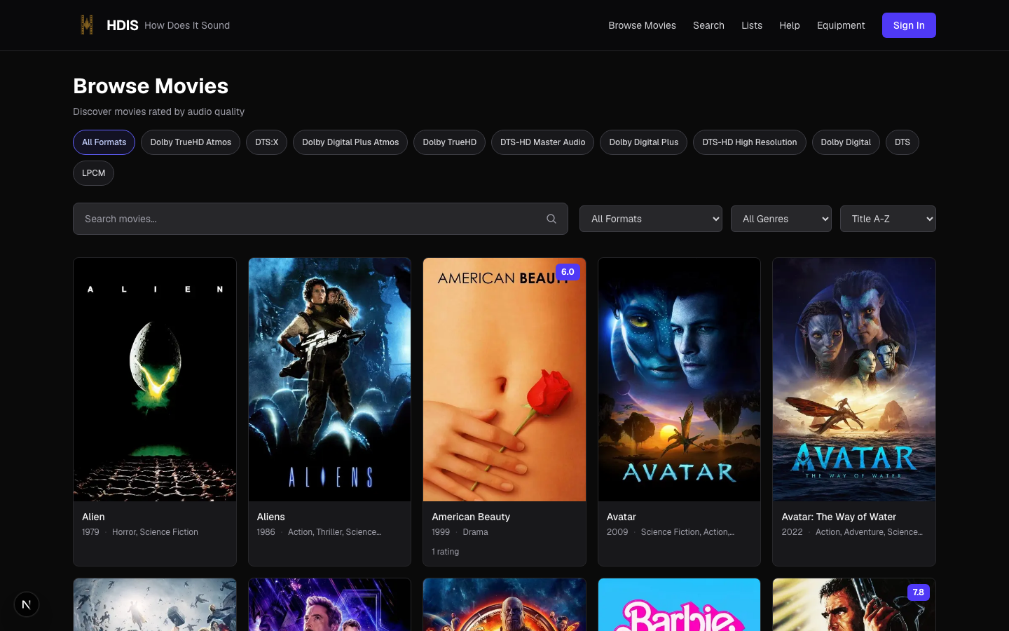 Browse Movies page showing the catalog with genre and audio format filters