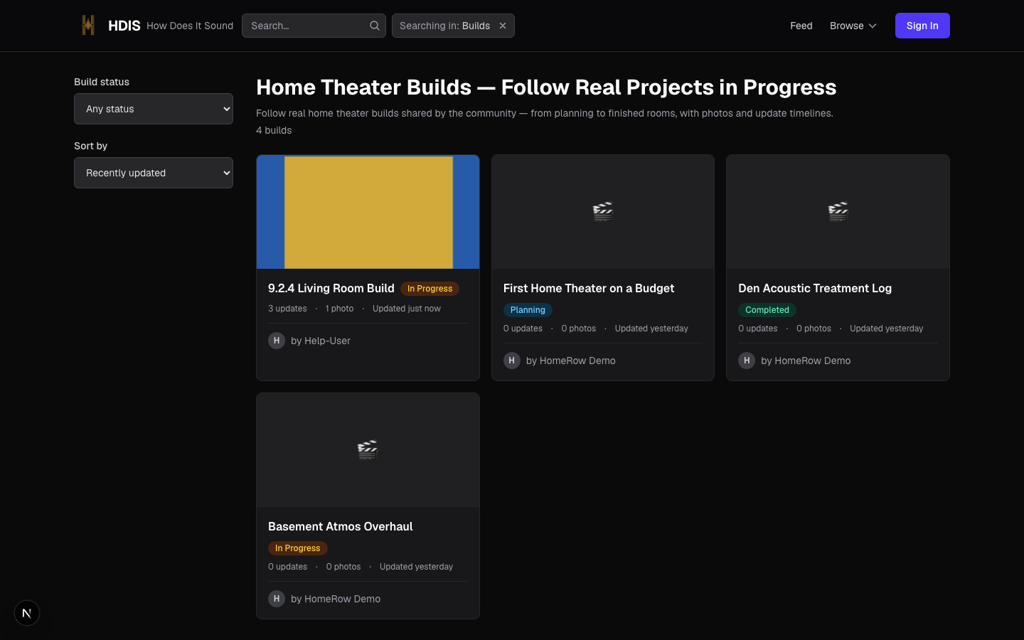 The Builds browse hub showing project cards with cover photos, build-status badges, and update counts