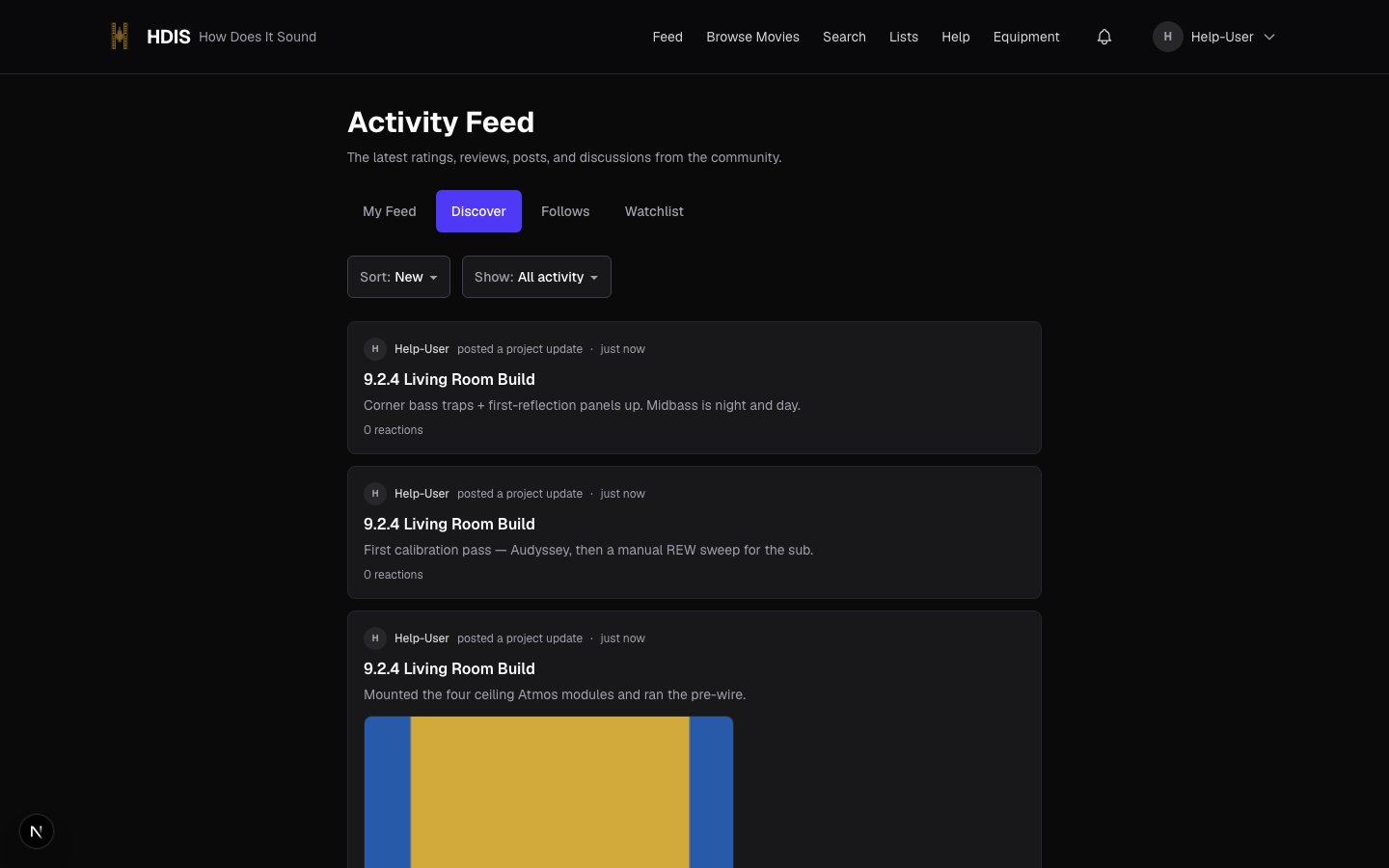 The activity feed page with source tabs, sort controls, and a content filter dropdown