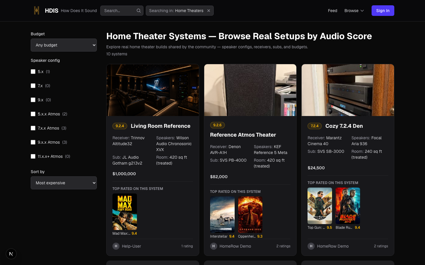 The Home Theaters browse hub showing system cards with hero photos, filtered by budget tier and speaker configuration