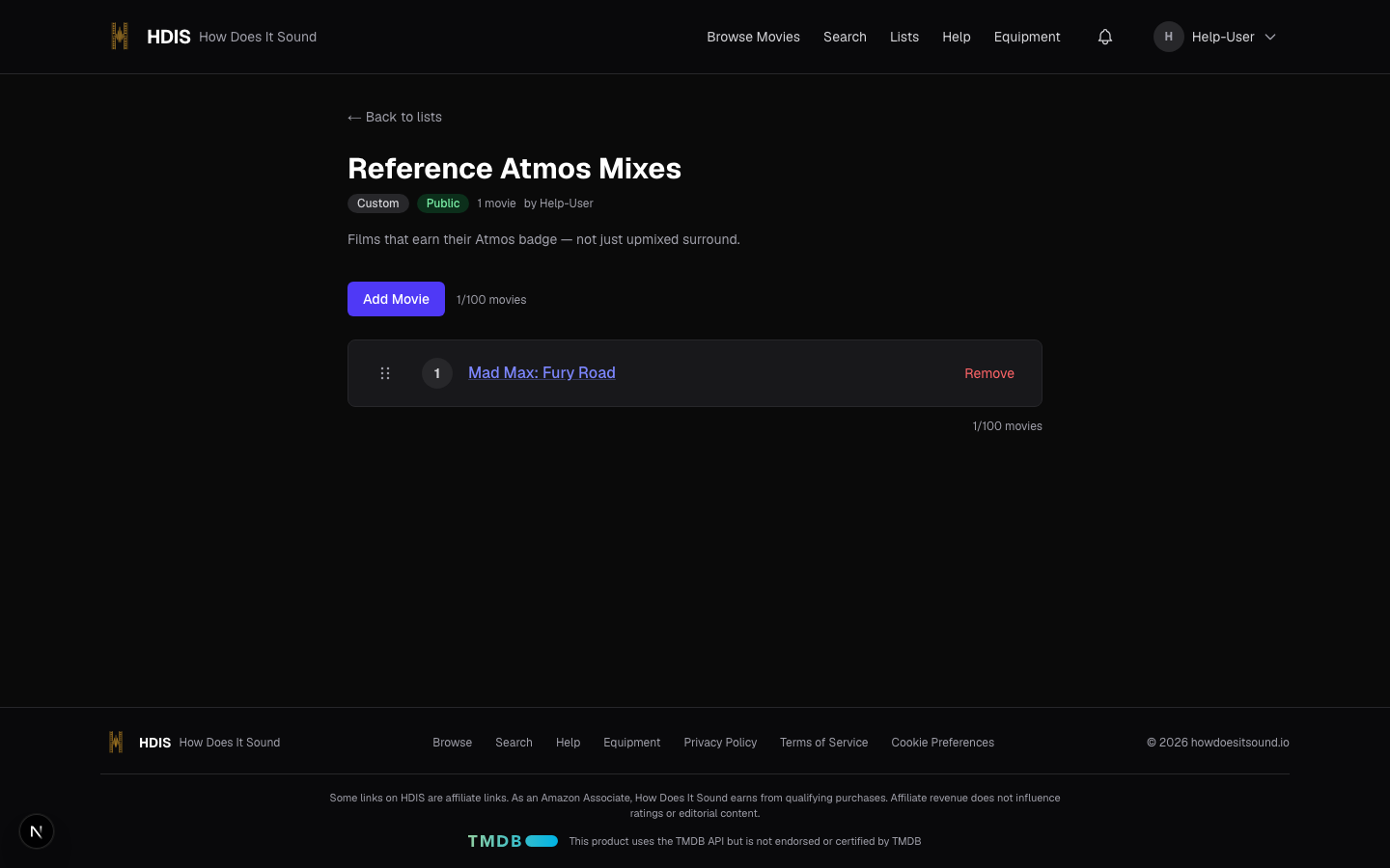 List detail page with the Add Movie search input visible