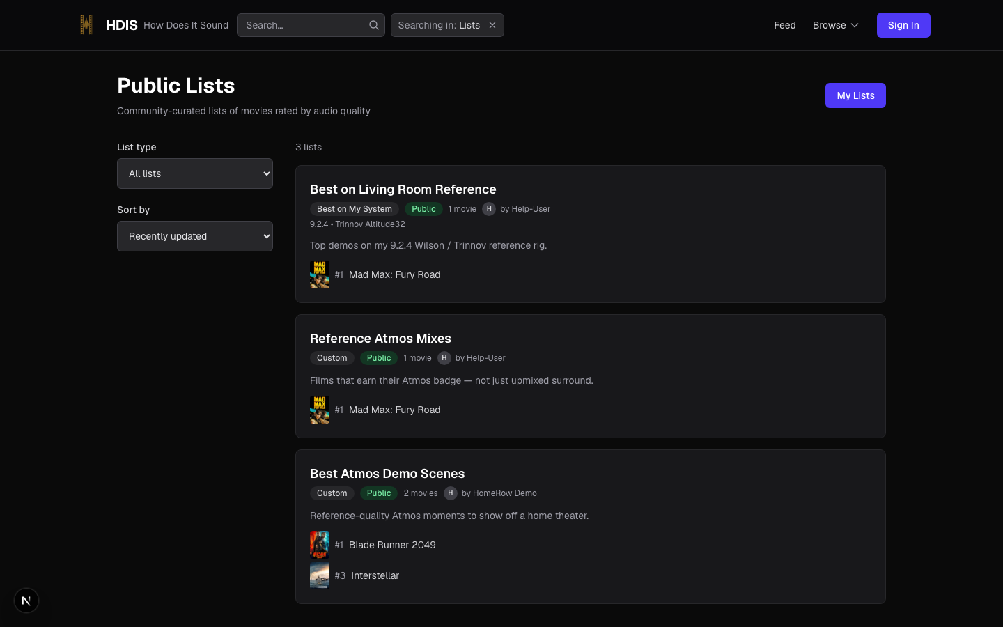 The public Lists browse page showing list cards with poster thumbnails, movie counts, and creator avatars, plus a type filter and sort control