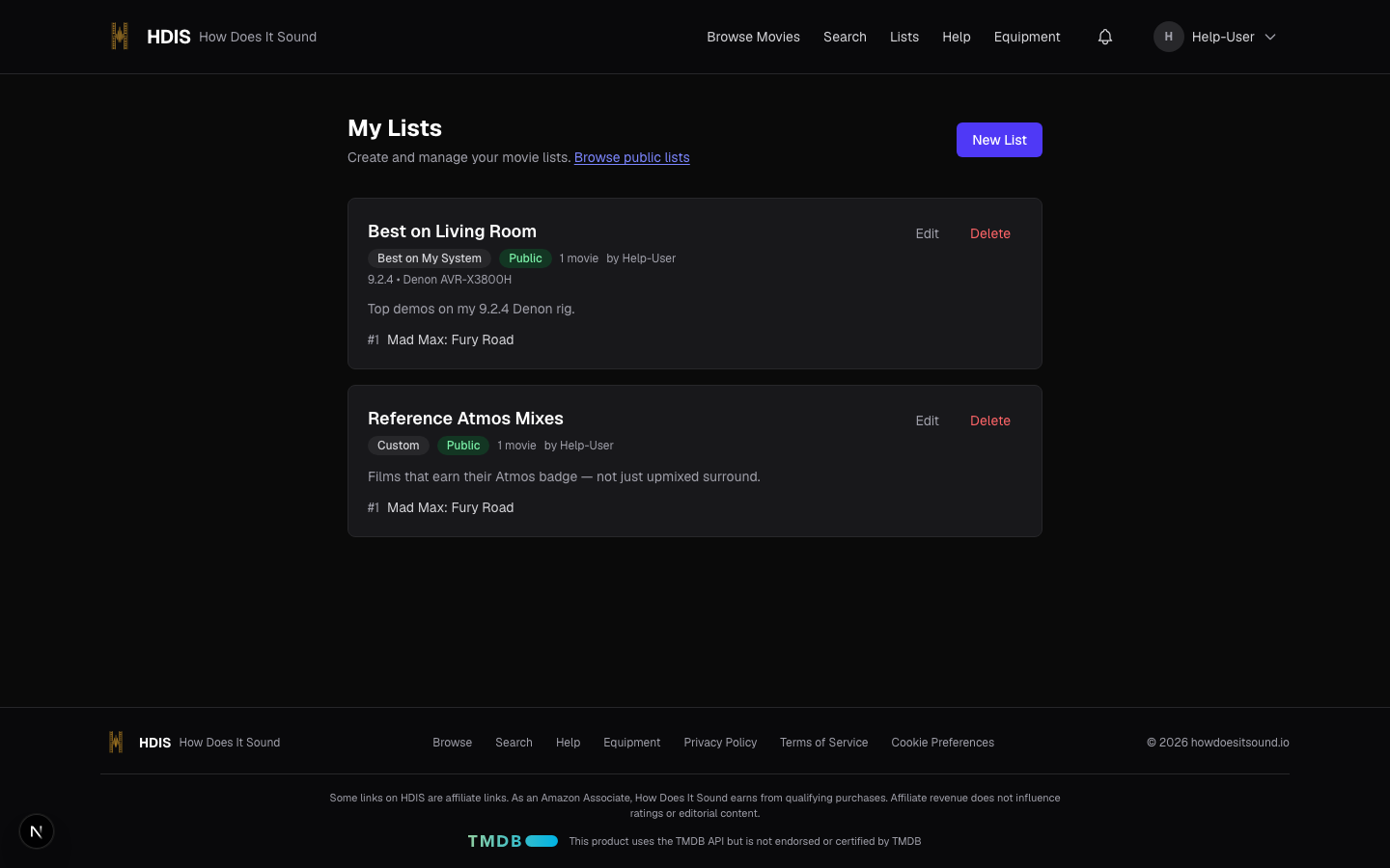 My Lists page showing one Best on My System list and one Custom list