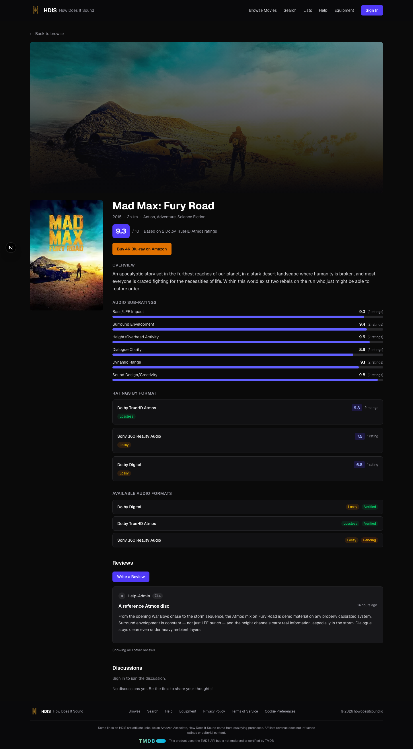 Movie detail header showing overall 9.3/10 score, with the Ratings By Format breakdown listing Dolby TrueHD Atmos 9.3, Sony 360 Reality Audio 7.5, Dolby Digital 6.8