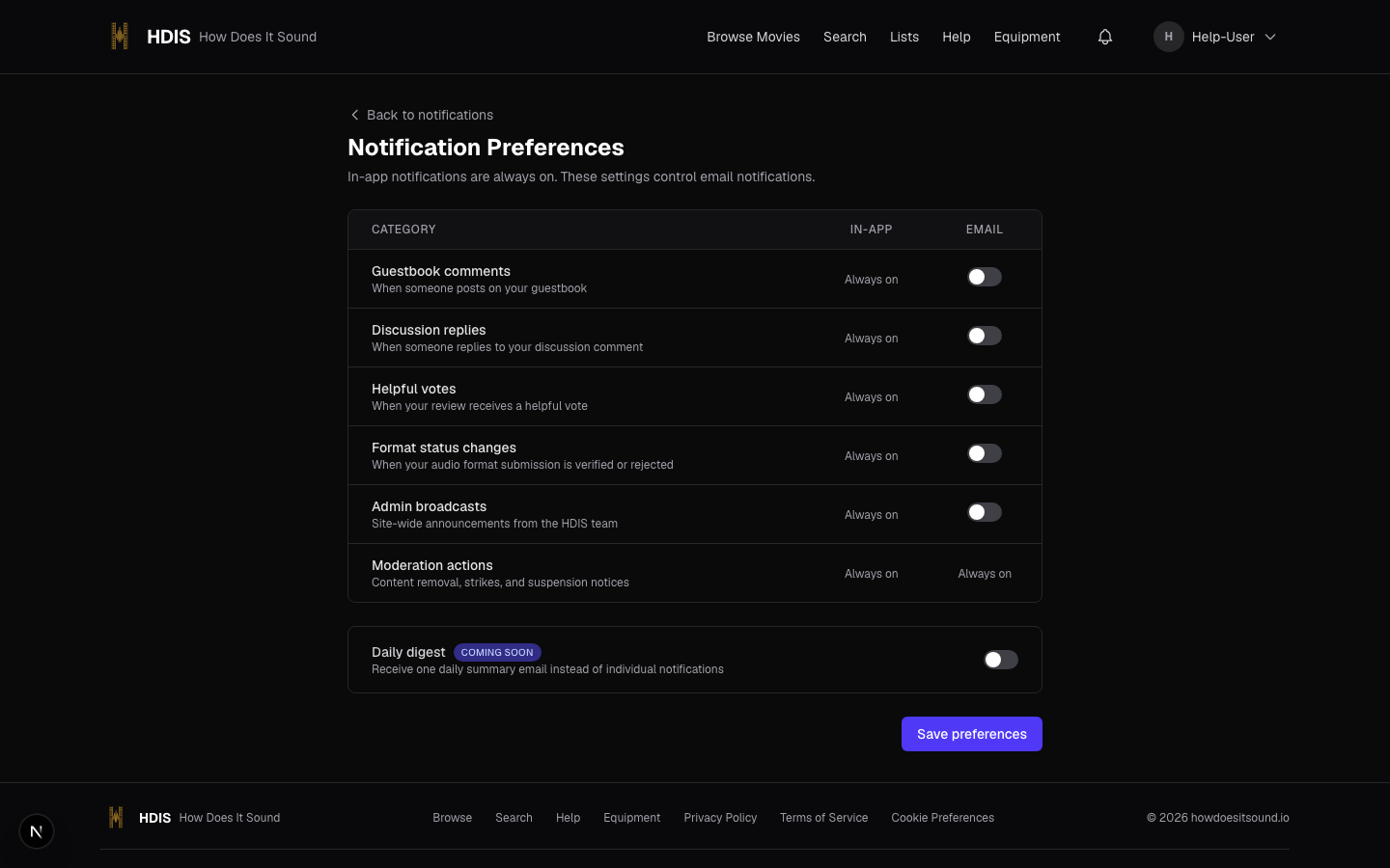 Notification preferences page with per-category toggles for email delivery