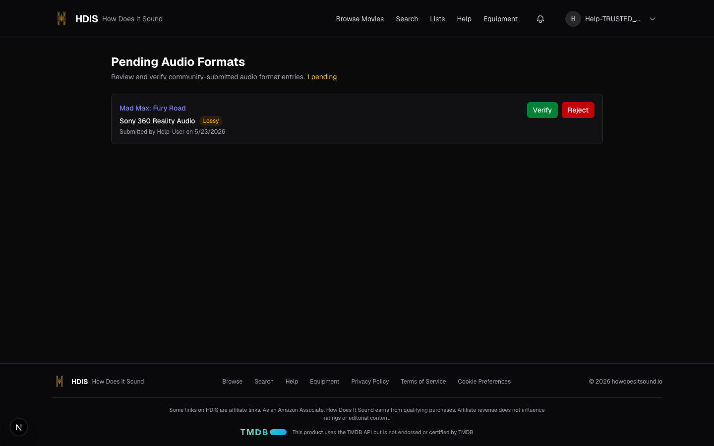 Pending Audio Formats queue with Verify and Reject buttons, visible to Trusted Contributors