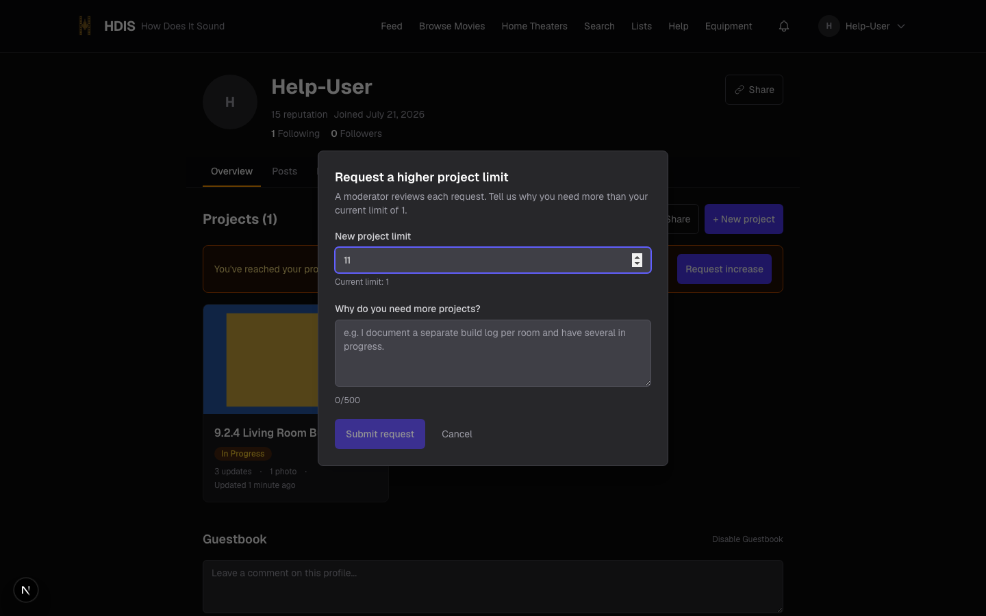 The Projects page with a cap-limit banner and the request-higher-cap modal open