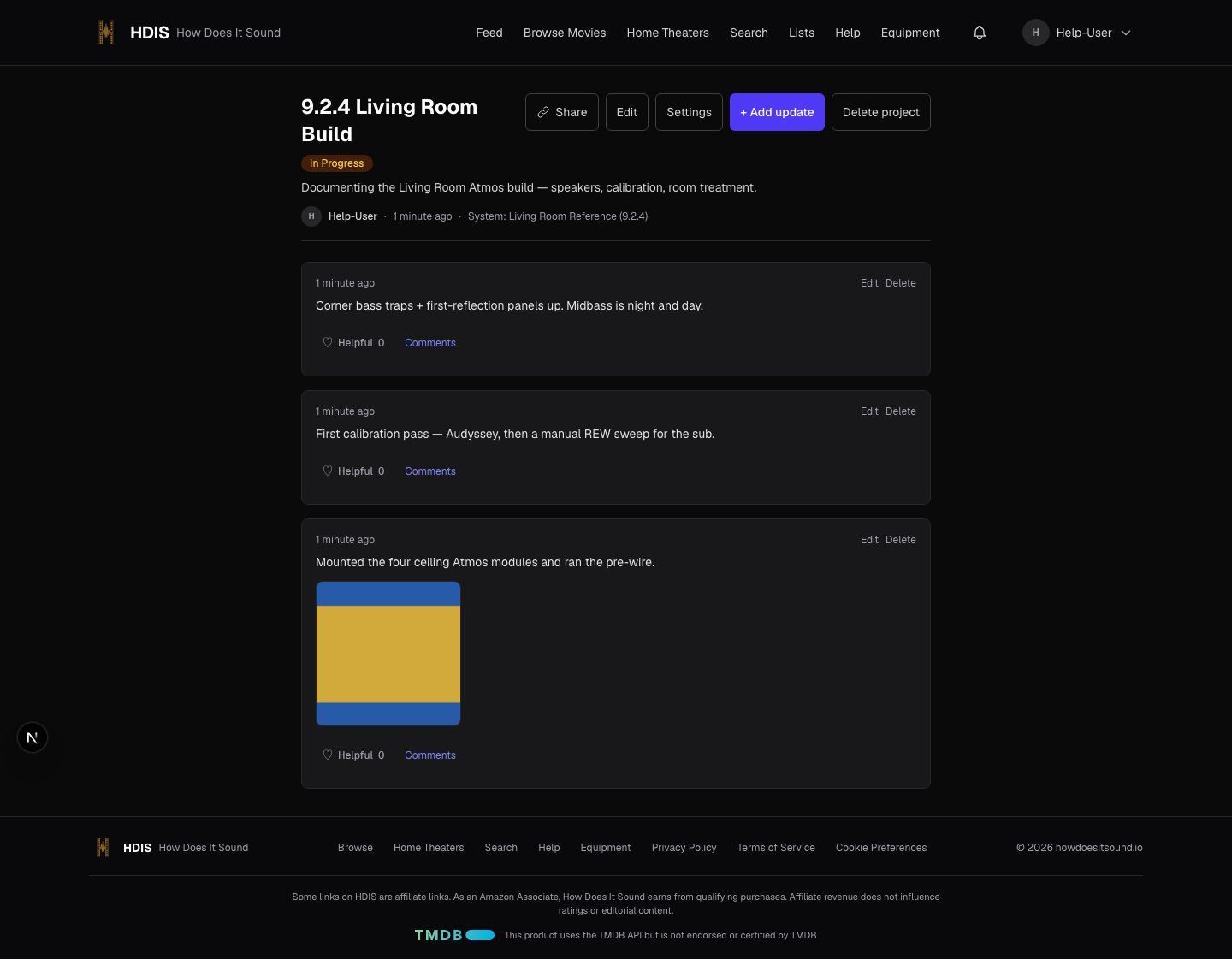 A project detail page showing the timeline of dated updates, each with a photo grid and comments