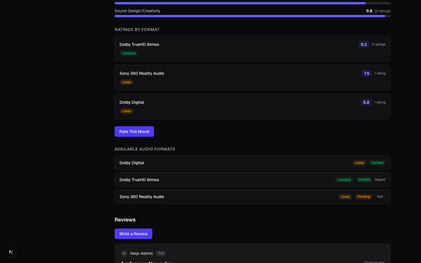 Movie detail page with audio sub-ratings, per-format breakdown, and the Rate button