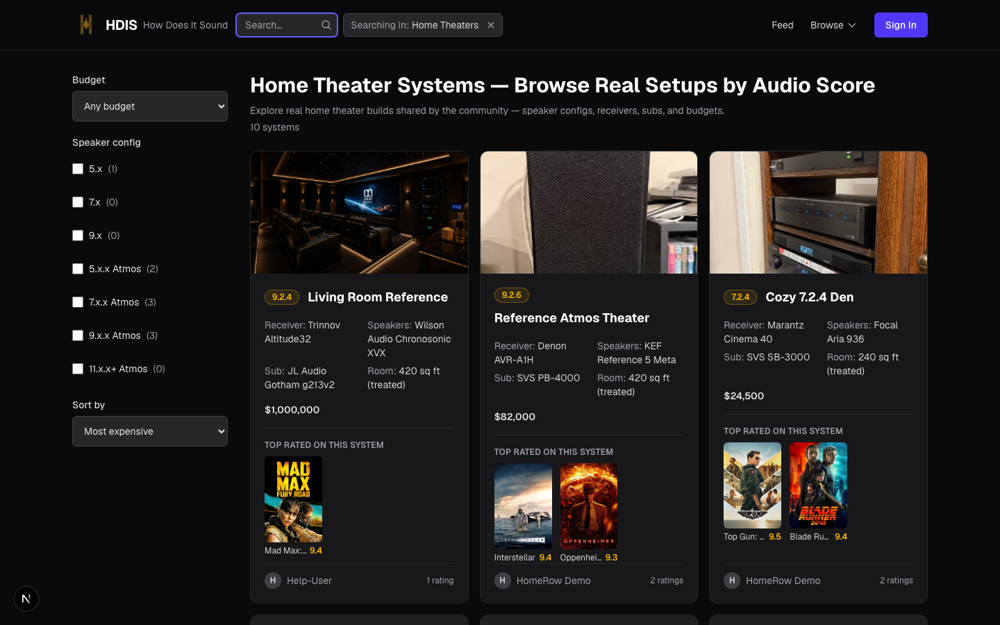 The header search on the Home Theaters hub showing a 'Searching in: Home Theaters' pill with a clear button