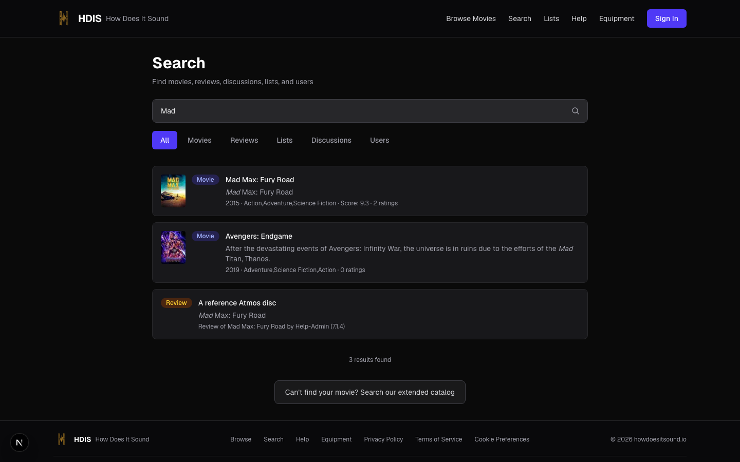 Search results page grouped by Movies, Reviews, Lists, Discussions, Users