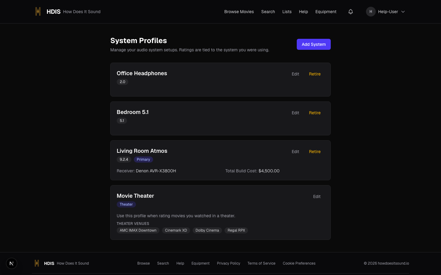 System Profiles page listing home theater profiles plus the auto-created Movie Theater profile
